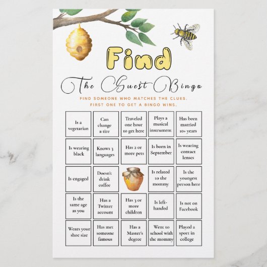 Vind het Gast Bingo Baby Bee Baby shower Game (Voorkant)