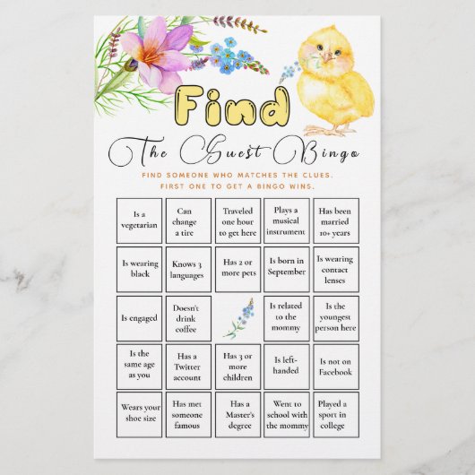 Vind het Gast Bingo Little Chick Baby shower Game (Voorkant)