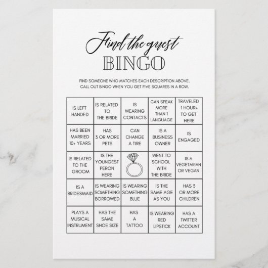 Vind het gasten bingo bruidsfeest spel flyer (Voorkant)