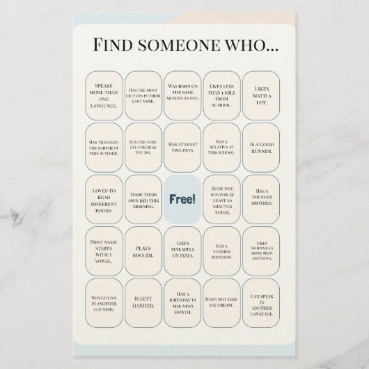 Vind iemand die klasbingo-activiteit briefpapier (Voorkant)