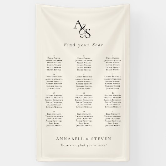 Vind je stoel! Monogram Beige Bruiloft Spandoek (Verticaal)