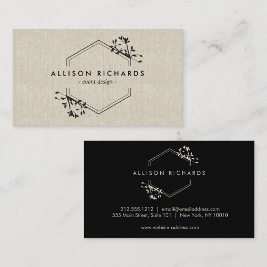 Vine en Blad Embleem op Linnen Visitekaartje (Voorkant / Achterkant)
