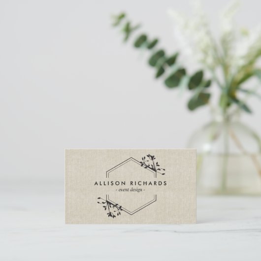 Vine en Blad Embleem op Linnen Visitekaartje (Staand voorkant)