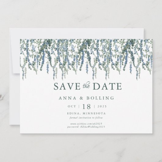 Vine Greenery Blauw Bloemen Huwelijk Save The Date (Voorkant)