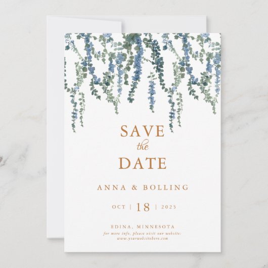 Vine Greenery Blauw Bloemen Huwelijk Save The Date (Voorkant)