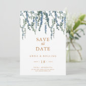 Vine Greenery Blauw Bloemen Huwelijk Save The Date (Staand voorkant)
