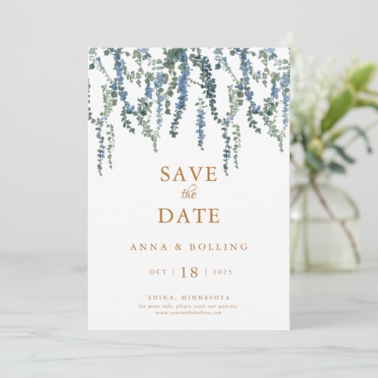 Vine Greenery Blauw Bloemen Huwelijk Save The Date (Staand voorkant)
