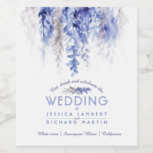Vine waterverf donkerblauw grijs wit bruiloft wijn etiket (Enkel label)