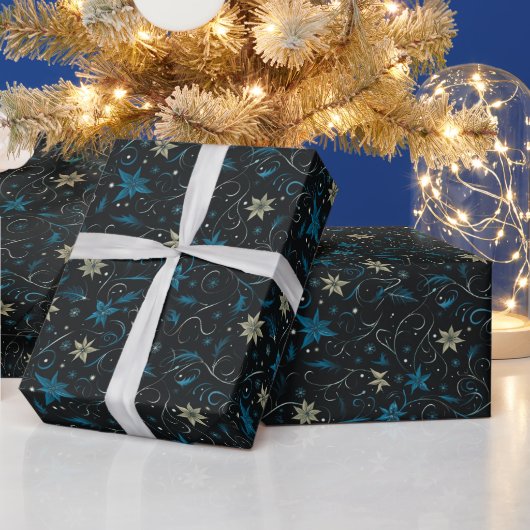 Vines Flowers Botanisch Sinaasappel Blue Christmas Cadeaupapier (Feestdagen)
