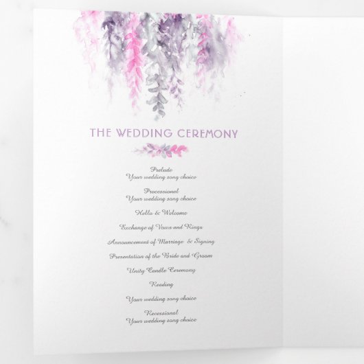 Vines indigo paarse roze waterverf bruiloft drieluik programma (Binnenzijde eerst)