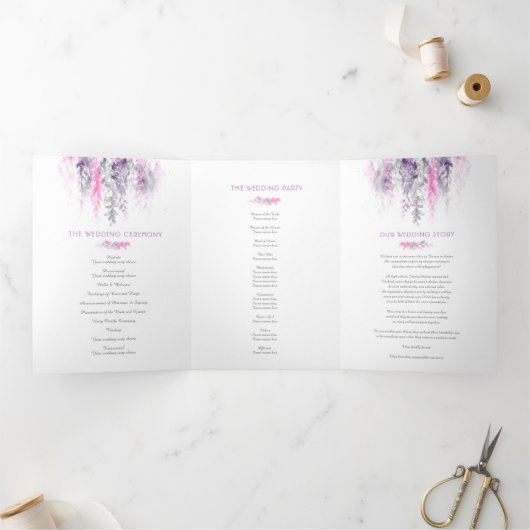 Vines indigo paarse roze waterverf bruiloft drieluik programma (Binnen)