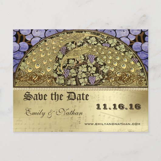 Vineyard Art Nouveau Peacock Birds Save the Date Aankondigingskaart (Voorkant)