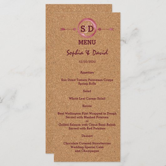 Vineyard Cork Stains Red Wine Wedding Menu (Voorkant / Achterkant)
