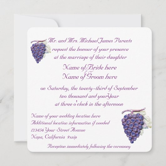 Vineyard Grapes Wedding Invitation Kaart (Voorkant)