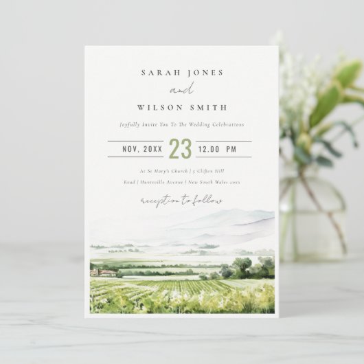 Vineyard Landschap Alles in één bruiloft RSVP Deta Kaart (Staand voorkant)