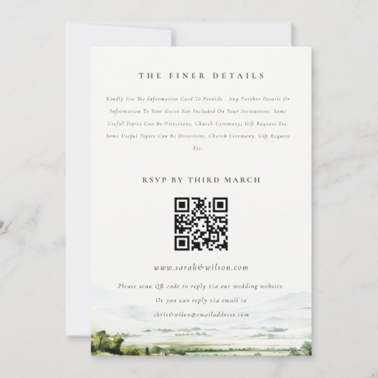 Vineyard Landschap Alles in één bruiloft RSVP Deta Kaart (Achterkant)