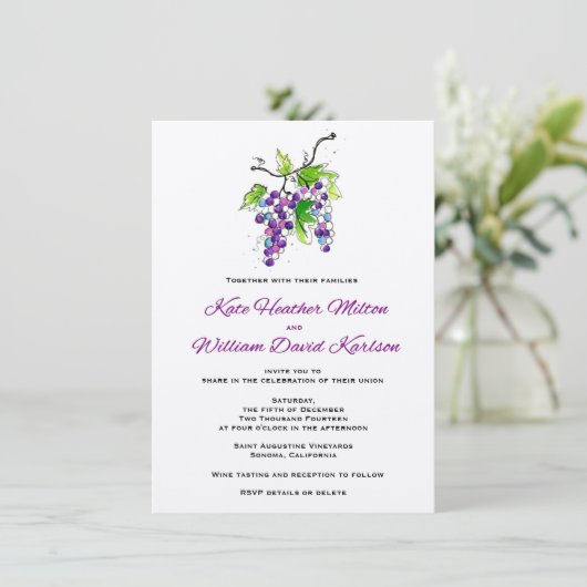 Vineyard Love Artistic Grapes Wedding Invitation Kaart (Staand voorkant)