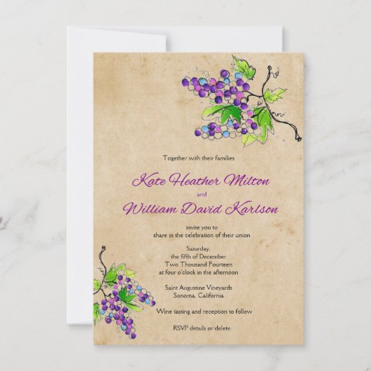 Vineyard Love Artistic Grapes Wedding Invitation Kaart (Voorkant)