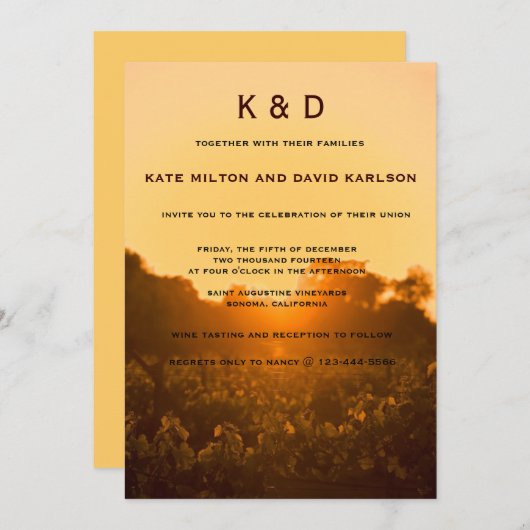 Vineyard Sunset Winery Wedding Invitation Kaart (Voorkant / Achterkant)