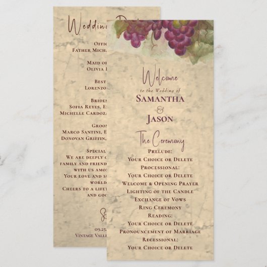 Vineyard Wedding Elegant Rustic Watercolor Program Programmakaart (Voorkant / Achterkant)