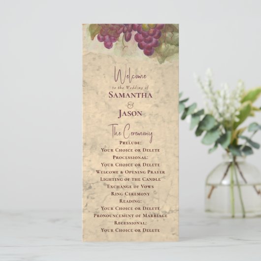 Vineyard Wedding Elegant Rustic Watercolor Program Programmakaart (Staand voorkant)