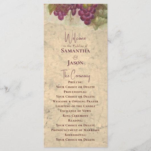 Vineyard Wedding Elegant Rustic Watercolor Program Programmakaart (Voorkant)