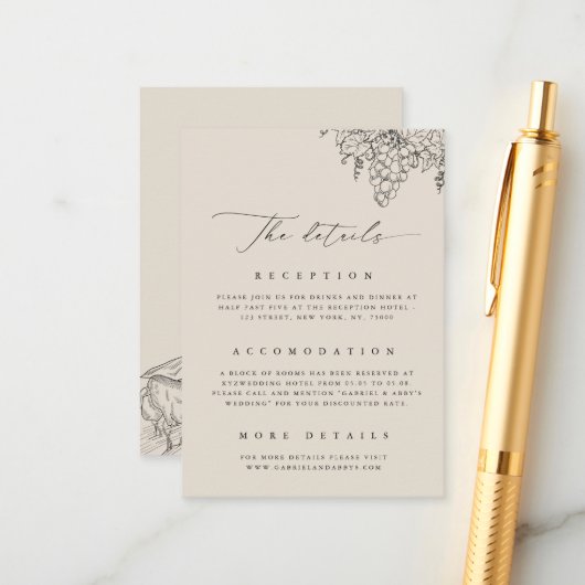 Vineyard Wedding Napa California Winery Details Informatiekaartje (Voorkant / Achterkant in situ)