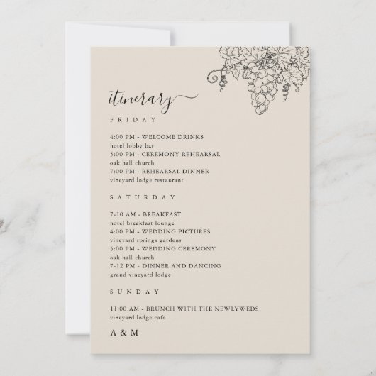 Vineyard Wedding Welcome Letter Itinerary Card Kaart (Achterkant)