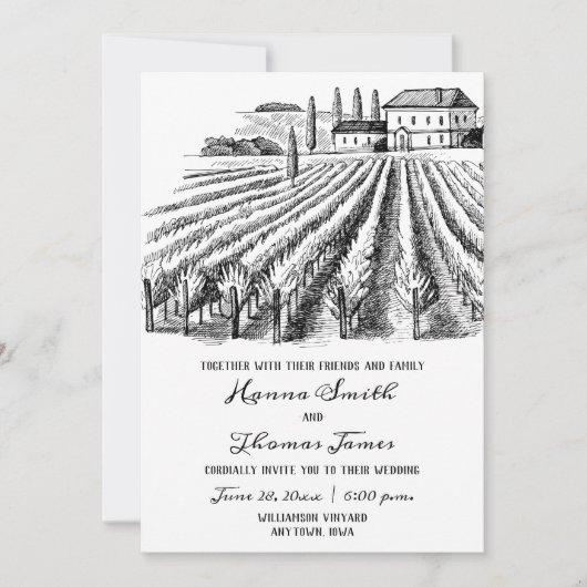 Vineyard Winery Rustic Sketch Wedding Kaart (Voorkant)