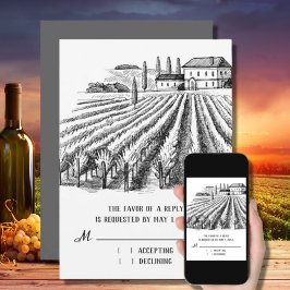 Vineyard Winery Rustic Sketch Wedding RSVP Card Kaart