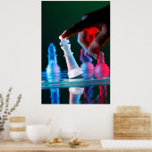 Vinger kantelt een schaakstuk op het schaakbord poster (Keuken)