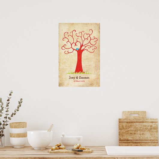 Vingerafdrukbomen (rode Vintage) Poster (Keuken)