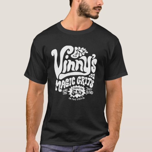 Vinny's Magic Grits Cooks in 5 Minutes Just Blend T-shirt (Voorkant)