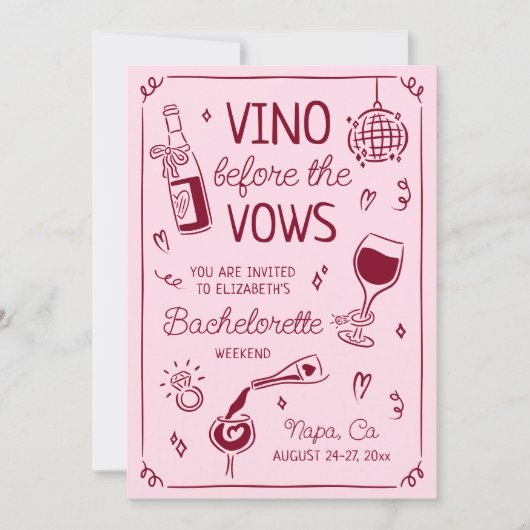 Vino Before the Vows Pink & Wine Red Bachelorette Kaart (Voorkant)