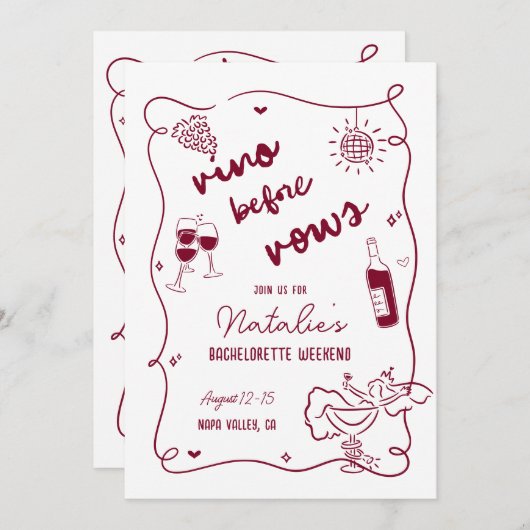 Vino Before Vows Bachelorette Route & Uitnodigen Kaart (Voorkant / Achterkant)