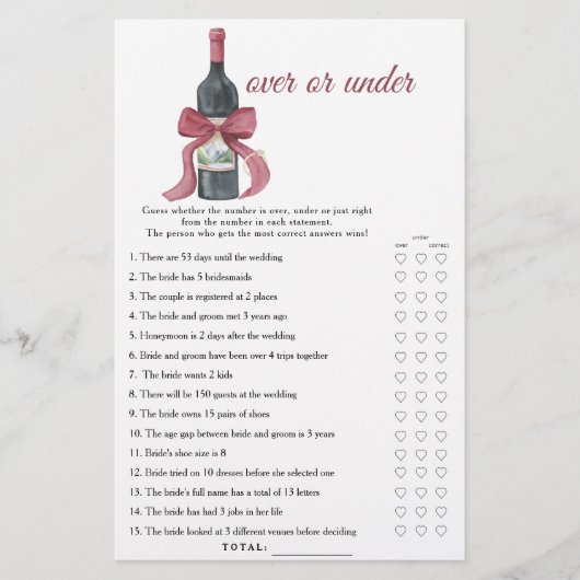 Vino before Vows Bridal shower Over or under game (Voorkant)