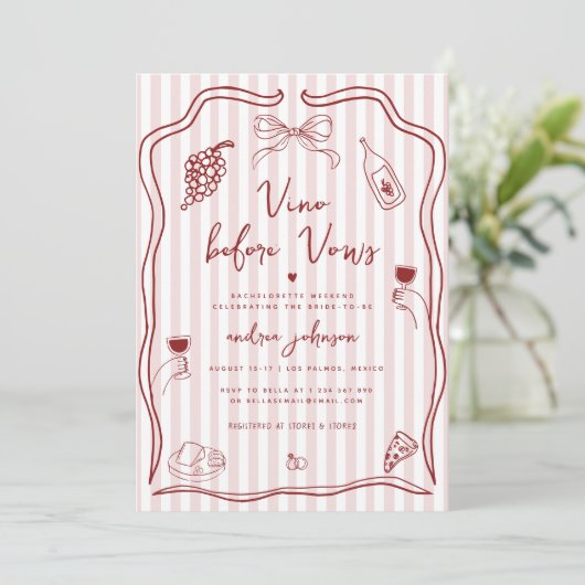 Vino Before Vows Hand Drawn Bachelorette Weekend Kaart (Staand voorkant)