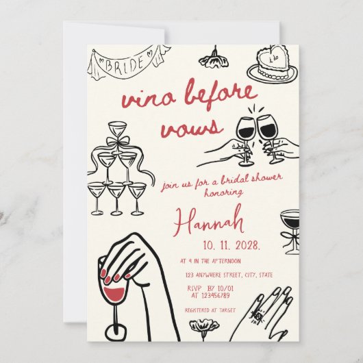 Vino Before Vows Hand getekend rood Vrijgezellenfe Kaart (Voorkant)
