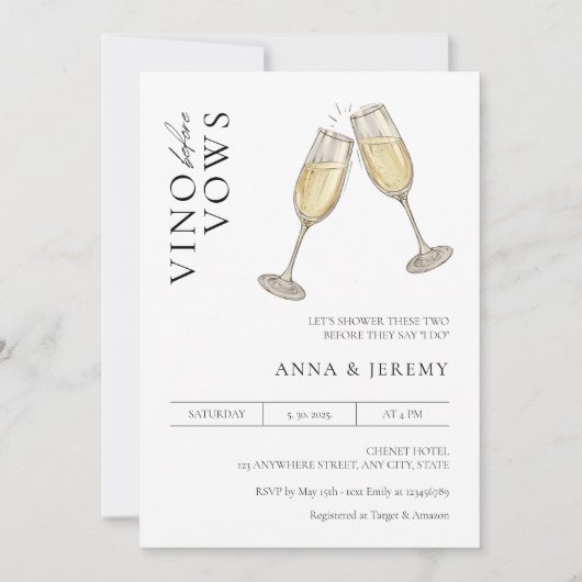 Vino before Vows Koppel Bruiloft Minimaal Modern Kaart (Voorkant)