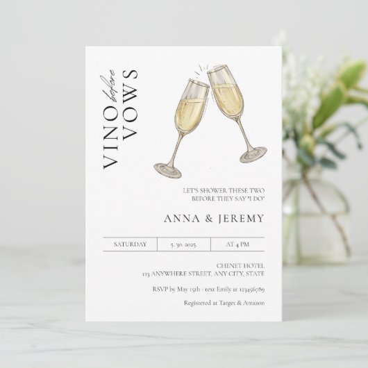 Vino before Vows Koppel Bruiloft Minimaal Modern Kaart (Staand voorkant)