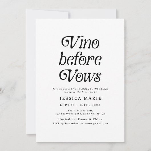 Vino Before Vows | Minimaal Retro Bachelorette Kaart (Voorkant)