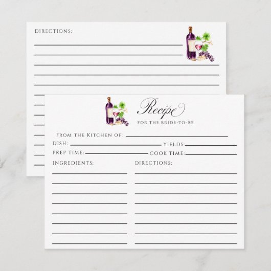 Vino Before Vows Recipe Card Bridal Shower Insert Informatiekaartje (Voorkant / Achterkant)