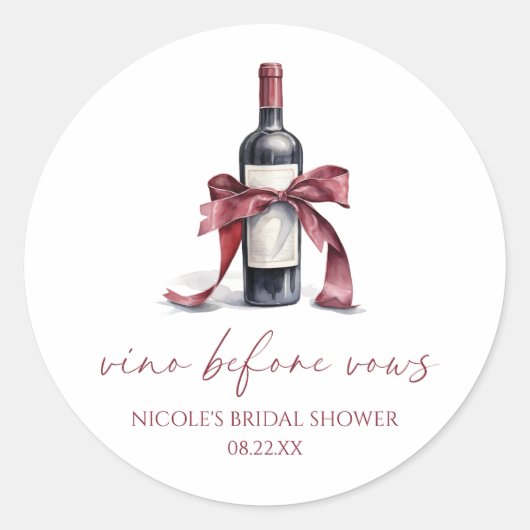 Vino Before Vows Red Wine Bottle Bow Vrijgezellenf Ronde Sticker (Voorkant)