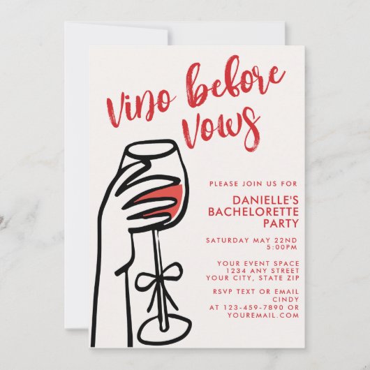 Vino Before Vows Rode Wijn Bachelorette Feest Kaart (Voorkant)