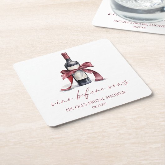 Vino Before Vows Rode Wijnfles Boog Bruidsfeest Kartonnen Onderzetters (Schuin)