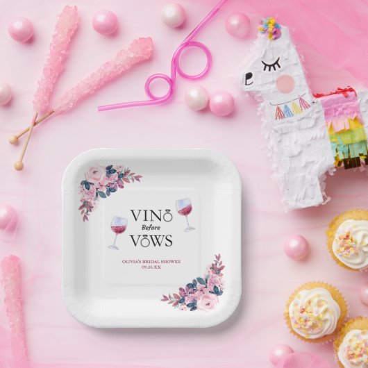 Vino Before Vows Roze Bloemige Bruidsfeest Papieren Bordje (Feest)