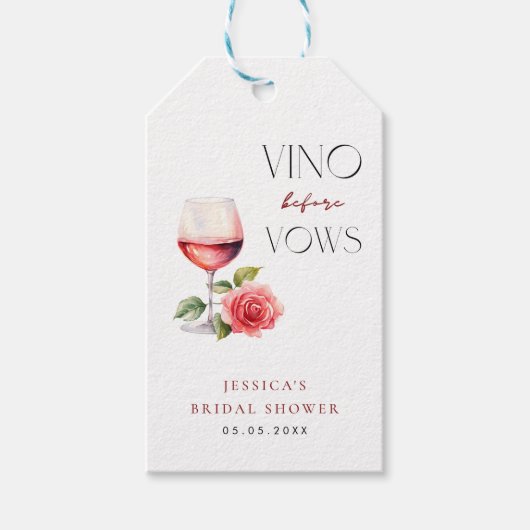 Vino Before Vows Roze Wijn Thema Bruidsfeest Cadeaulabel (Voorkant)