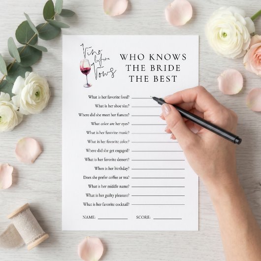 Vino Before Vows Wie Weet Spel Bruiloft kaart