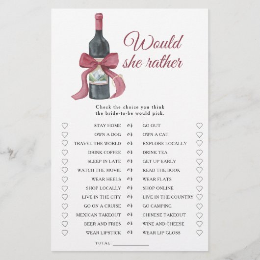 Vino Bridal shower Would she rather game (Voorkant)