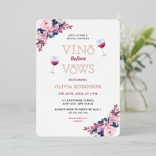 Vino voor geloften bloemenwijn thema Vrijgezellenf Folie Uitnodiging (Staand Voorkant)